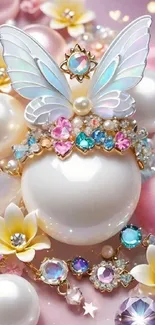 Elegant pearl with butterfly and floral jewels in soft pastel colors.