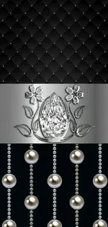 Elegant black wallpaper with pearls and diamond design motif.