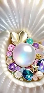 Elegant mobile wallpaper with pearls and gems in a shell design.