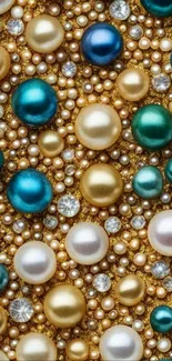 Colorful pearls and gems on a gold background.