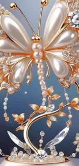 Luxurious pearl butterfly with gems on a golden ornate branch.