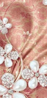 Elegant wallpaper with pearls and floral design on a pink background.