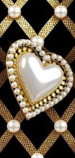Elegant pearl heart with gold accents on black background.