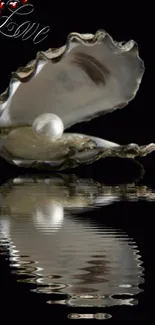 Pearl in an open oyster with a reflective water surface.