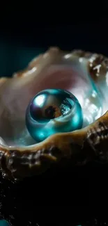 A vibrant blue-green pearl inside a textured oyster shell.