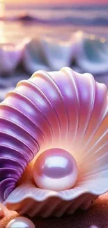 Elegant purple shell with pearl on a beach.