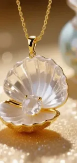 Radiant gold and pearl necklace with open shell design.