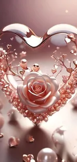 Rose encased in heart with pearls; elegant mobile wallpaper.