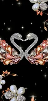 Elegant swan design with pearls and jewels on black background.