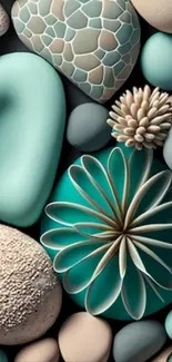 Artistic teal and beige pebble and flower mobile wallpaper.