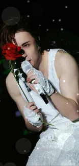 Performer with red rose on stage, exuding elegance and artistry.