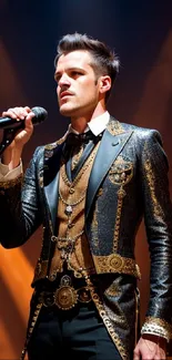 Elegant performer in gold suit on stage with dramatic lighting.