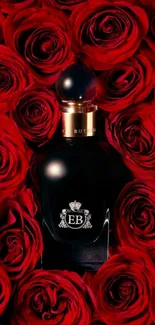 Luxurious black perfume bottle surrounded by vibrant red roses.