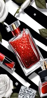 Artistic design with red perfume bottles and white roses on striped background.