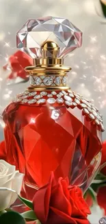 Elegant red perfume bottle with roses and sparkles.