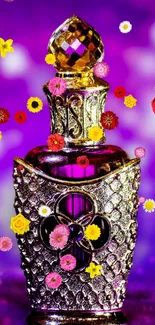 Ornate perfume bottle against vibrant purple background.