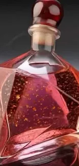 Elegant red perfume bottle with intricate design.
