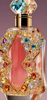 Jeweled perfume bottle with pink hues.