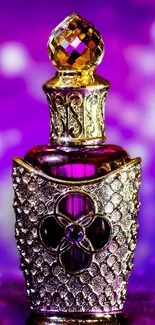 Ornate perfume bottle with purple glow and gold accents.