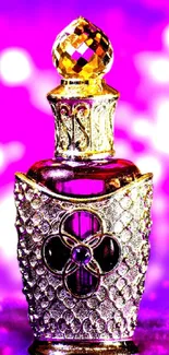 Intricate gold perfume bottle with purple bokeh background.