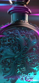 Intricate teal and purple perfume bottle wallpaper design.