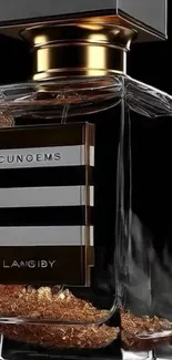 Luxury perfume bottle with gold accent and black background.