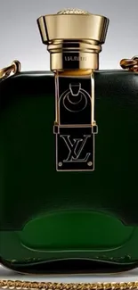 Elegant green and gold perfume bottle design.