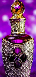 Luxurious gold perfume bottle on vibrant purple background.