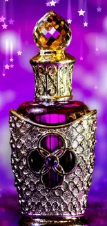 Elegant perfume bottle on vibrant purple background wallpaper.