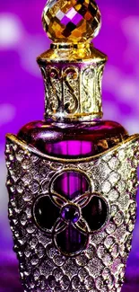 Luxurious perfume bottle with purple and golden design.