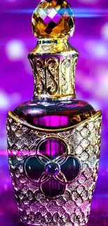 Elegant perfume bottle with gold and purple design on a vibrant purple background.