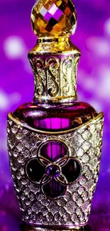 Purple and gold ornate perfume bottle on vibrant background.