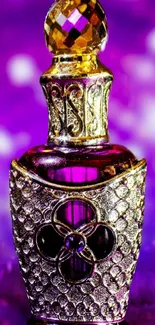 Luxurious purple perfume bottle with gold details against a blurred purple background.