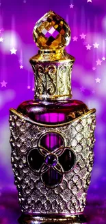 Luxurious perfume bottle with purple bokeh background in high detail.