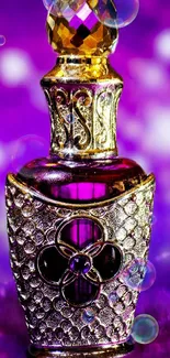 Elegant perfume bottle with gold and purple hues.