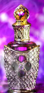 Elegant ornate perfume bottle with purple hues and decorative details.