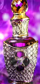 Luxurious purple perfume bottle with golden intricate designs.