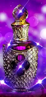 Ornate perfume bottle on a rich purple background.