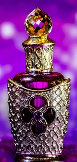 Luxury perfume bottle with intricate design on purple background.