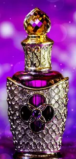 Elegant perfume bottle with purple and gold design on a blurred background.