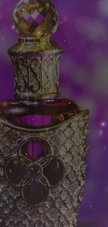 Purple and gold perfume bottle on elegant wallpaper.