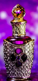 Luxurious purple and gold perfume bottle with intricate design on a blurred background.