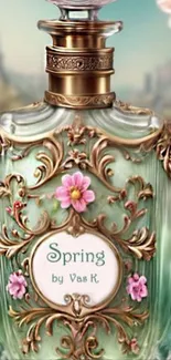 Elegant perfume bottle with ornate floral design.