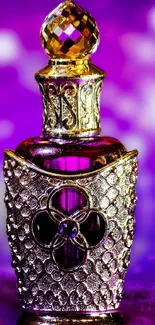 Purple perfume bottle with silver details on vibrant purple background.