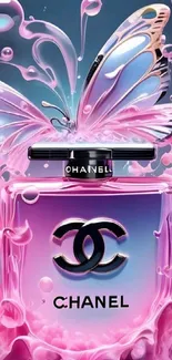 Pink perfume bottle with butterfly design wallpaper.