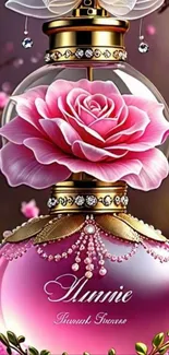 Elegant perfume bottle with pink rose digital art wallpaper.