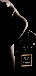 Elegant dark silhouette holding a luxury perfume bottle.