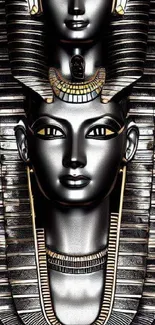 Intricate pharaoh sculpture with metallic accents in a striking mobile wallpaper.