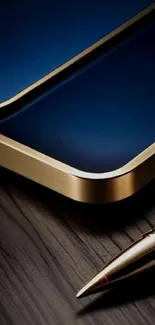 Elegant phone and pen on wood surface.
