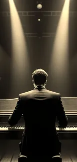 Elegant pianist performing under dramatic stage lighting.